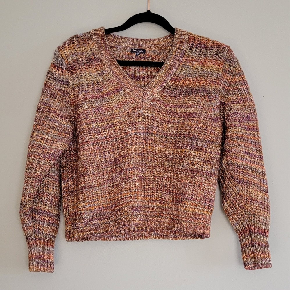 Boho earthy multi-colored vneck sweater // size: x-small